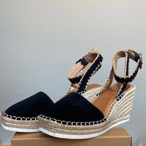 Crown Vintage Leather Black and Tan Espadrille Wedges